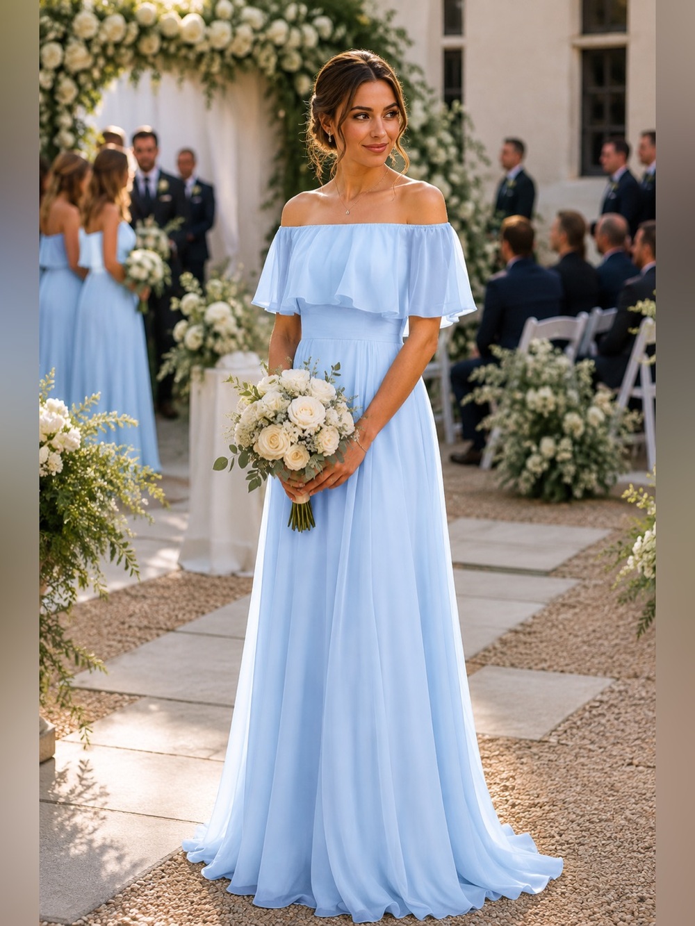 BABARONI Bridesmaid Hazel Sky Blue Off The Shoulder Chiffon Full Length Dress 10